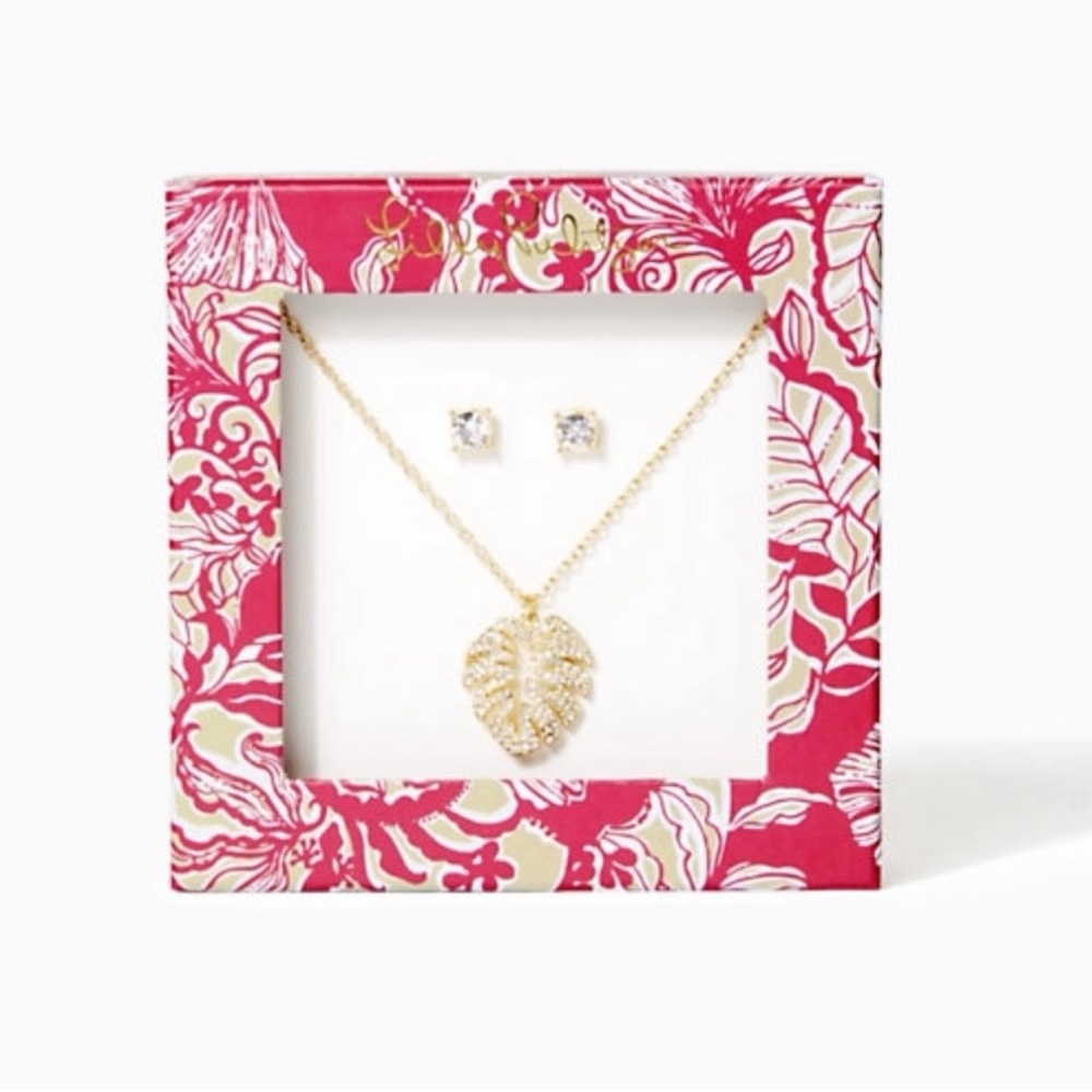Lilly Pulitzer Gold Leaf Necklace and Earrings Set, NEW